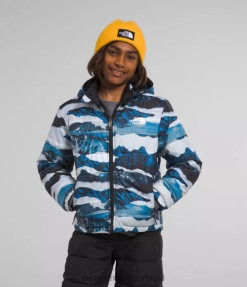 roupas The North Face crianças jaqueta reversível com capuz e zíper mt chimbo impressão de travessia de montanha azul óptica 8T02T80